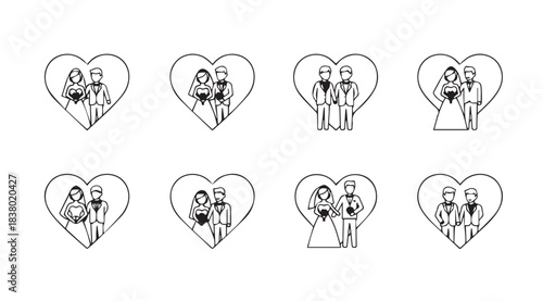 Collection of eight heart shaped romantic couple silhouettes in a sketch style silhouette
