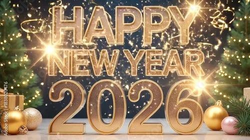Golden Sparkling “Happy New Year 2026” Text Animation on Dark Background