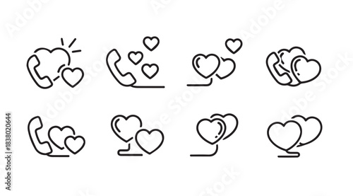Collection of heart and telephone icons expressing love and communication silhouette