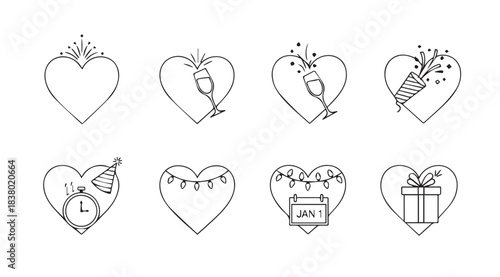 Collection of eight decorative heart shapes with festive and celebratory elements silhouette