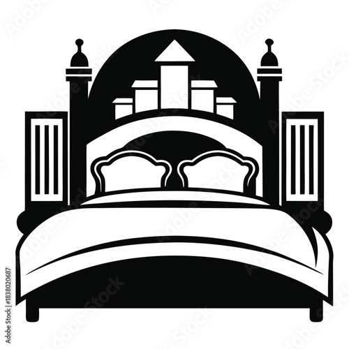 bed in a hotel black and white silhouette on white background