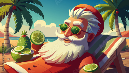 Very beautiful close-up portrait of a relaxed Santa resting on a sunny beach holiday, eyes covered with refreshing cucumber slices, blending festive humor with a warm tropical vacation vibe in a cheer