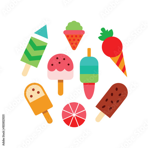 Summer Ice Cream and Popsicle Icon Set – Colorful Flat Vector Illustration of Frozen Treats, Sorbet, and Gelato for Dessert and Party Design