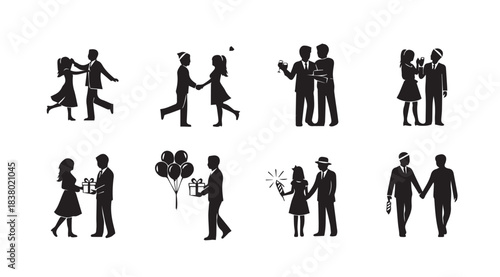 Collection of romantic couples in silhouette celebrating special moments together silhouette