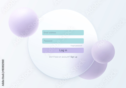 Minimalist glassmorphic login form set within a round matte panel with smooth purple spheres on a vibrant pastel background.