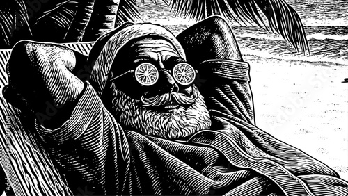 Very beautiful close-up portrait of a relaxed Santa resting on a sunny beach holiday, eyes covered with refreshing cucumber slices, blending festive humor with a warm tropical vacation vibe in a cheer