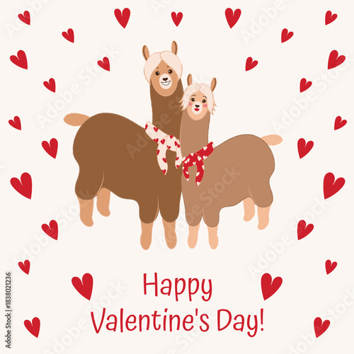 Romantic Valentine's Day card with a couple of llamas wearing scarves
