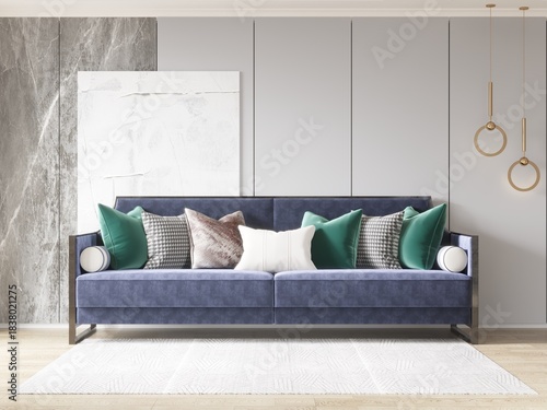 Fototapeta Naklejka Na Ścianę i Meble -   Modern luxury living room with a blue velvet sofa, marble wall, abstract art, gold lights, and rug on wood floor, 3D rendering.