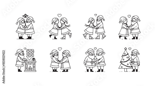 Collection of charming hand drawn winter couple silhouettes in various affectionate poses silhouette