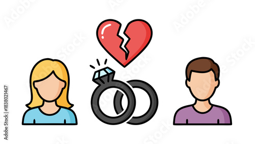 Broken Heart Symbol Above Wedding Rings With Man And Woman Icons Representing Divorce Or Relationship Breakup On Black Background