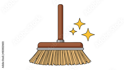 Brown Wooden Bristle Broom With Yellow Stars On Black Background Representing Cleanliness And Freshness