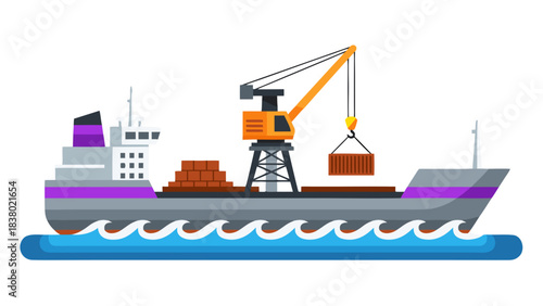 Cargo Ship With Crane Loading Containers And Bricks On Blue Water With Waves And Black Background, Flat Design Illustration