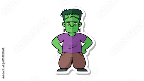 Cartoon Frankenstein Monster Character Standing Proudly Wearing A Purple T Shirt And Brown Pants With Green Hair And A Square Head On A Black Background
