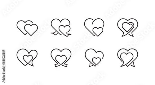 Collection of eight hand drawn heart outlines with a silhouette style