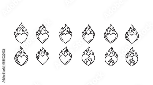 Collection of ten stylized flaming heart designs in a distinctive silhouette style