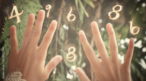 Woman’s Hands with Numerology Rings, Mystic Numbers Jewelry
