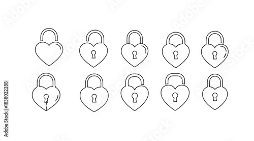 Collection of ten heart shaped padlock outlines in a simple silhouette style