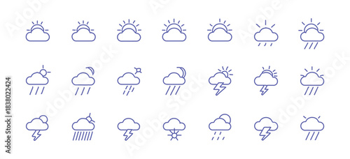 Linear weather icons set against a white backdrop. Stroke outline is editable.