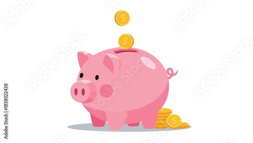 Pink piggy bank with falling coins and golden coin pile