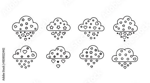 Collection of eight stylized cloud icons with falling hearts and dots silhouette