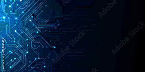 Abstract blue circuit board pattern with glowing lines and hexagonal elements
