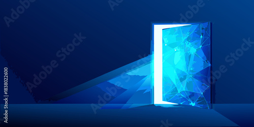 An open doorway glowing with a vibrant and fractured blue light