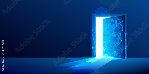 An open doorway emitting a brilliant glowing light against a dark backdrop