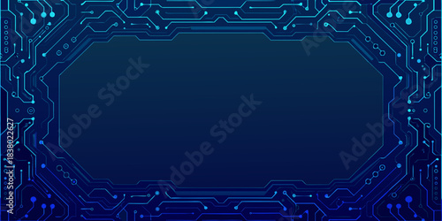 Abstract blue circuit board pattern with a dark central rectangular space
