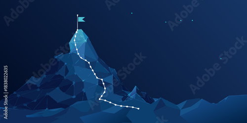 A winding path leads to a peak under a dark starry night sky