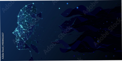 Digital human head dissolving into abstract polygonal shapes representing data flow