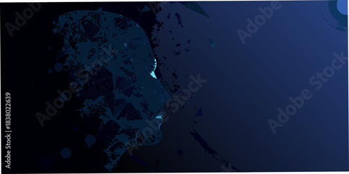 Abstract portrait of a face constructed from digital particles and dark shadows