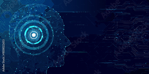 Digital human head with glowing circuit board and network connections