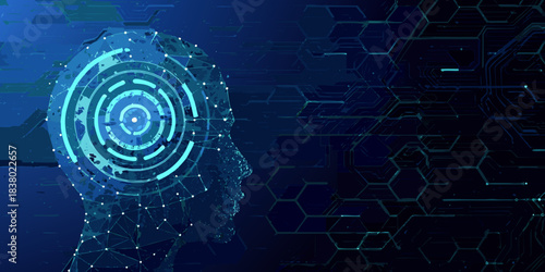 Digital human head with glowing circuitry and polygonal network background