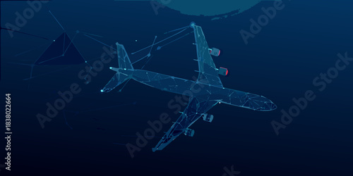 Abstract polygonal depiction of an airplane in a dark blue environment