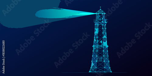 A glowing lighthouse beacon shines brightly against a dark navy blue background