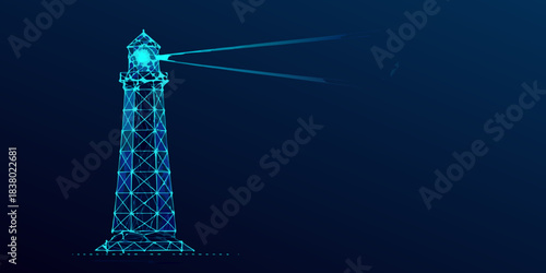 A futuristic lighthouse constructed with glowing blue polygonal lines beams a light