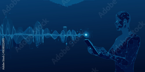 Digital human interface with sound waves and data connection concept illustration