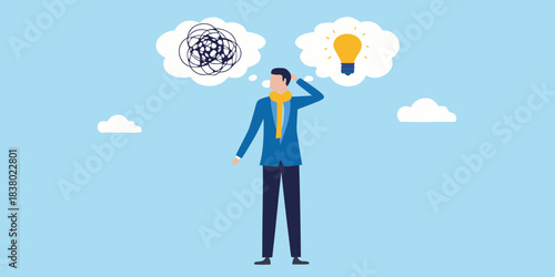 A man contemplates transitioning from chaotic thoughts to a bright idea
