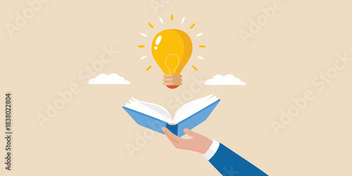 A glowing light bulb emerges from an open book held by a hand