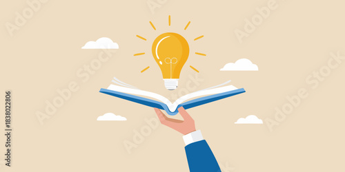 An open book and a glowing lightbulb represent learning and new ideas