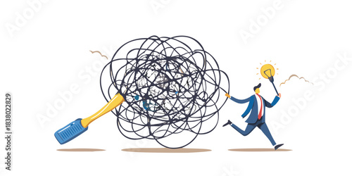 Untangling complexity a businessman attempting to solve a chaotic knot of lines