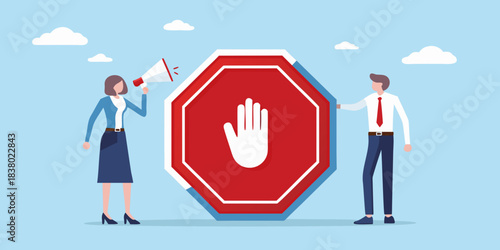 Stopping communication a businesswoman announces a halt with a stop sign