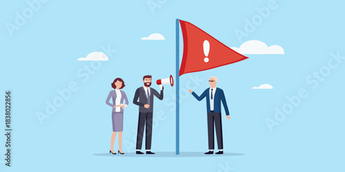 Business team announces important alert with a red flag and megaphone