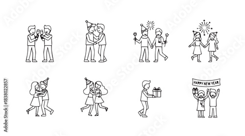 Collection of eight stylized black and white line art figures celebrating with gifts and party hats silhouette