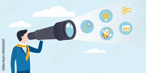 A man looks through a telescope towards icons of innovation and ideas