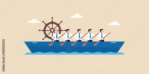 Teamwork at sea a rowing boat with a ship s wheel and clouds