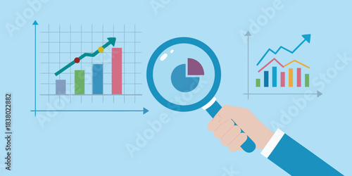 Data analysis and business growth illustrated with charts and a magnifying glass