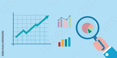 Data analysis and business growth visualization with charts and a magnifying glass