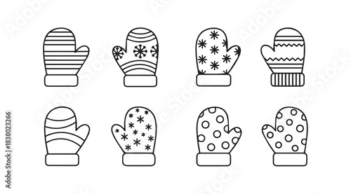 Collection of winter mittens with festive patterns silhouette