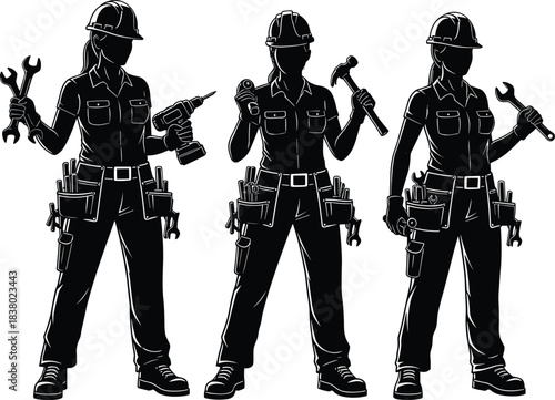 Female construction worker silhouette vector, women engineer with tools, builder holding wrench hammer drill, industrial labor design, repair technician illustration
